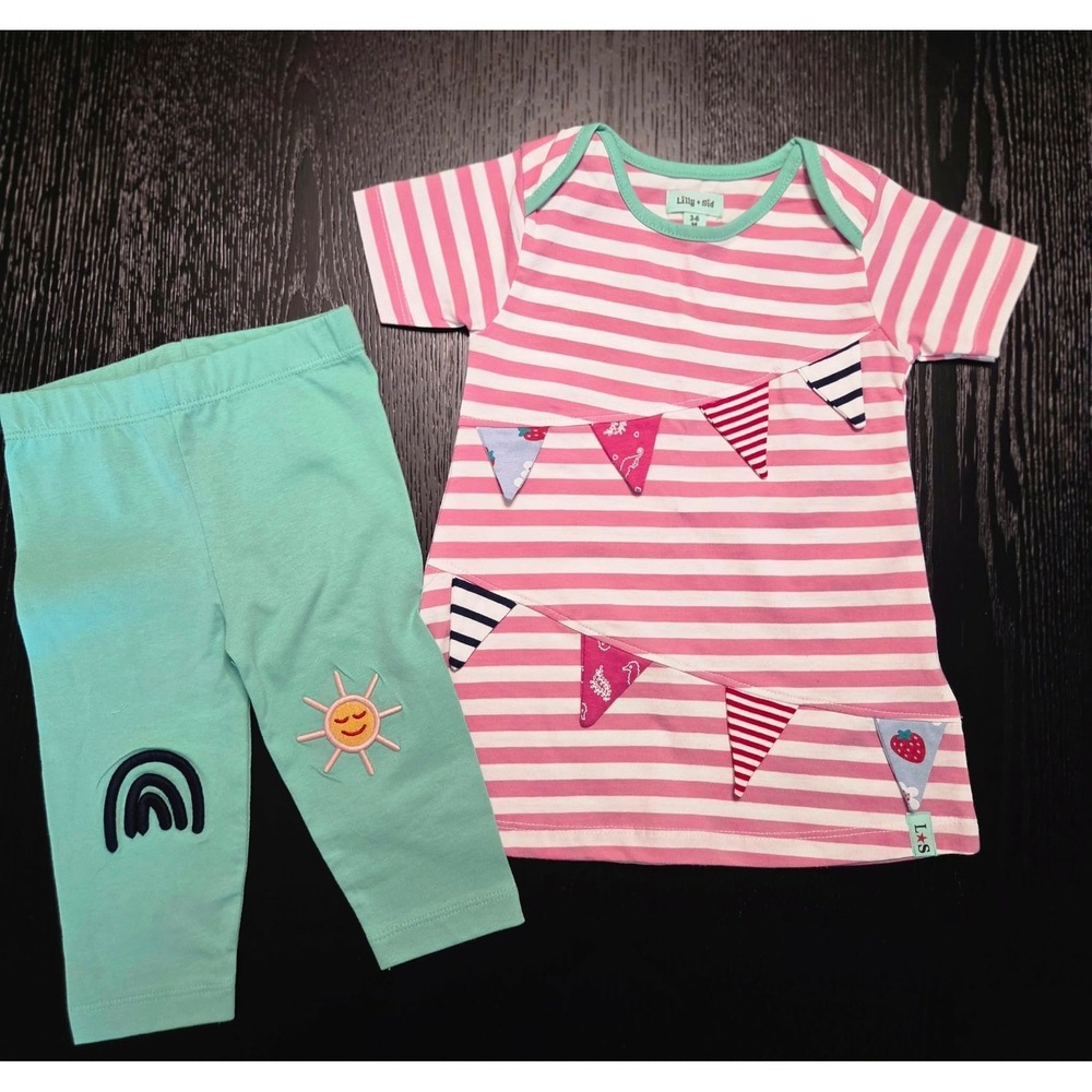 Lilly + Sid Baby Girls Pink Striped Tunic and Mint Rainbow Leggings Set 6-12M